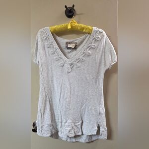 Anthropologie Soft Gray Lace-Trimmed V-Neck Tee